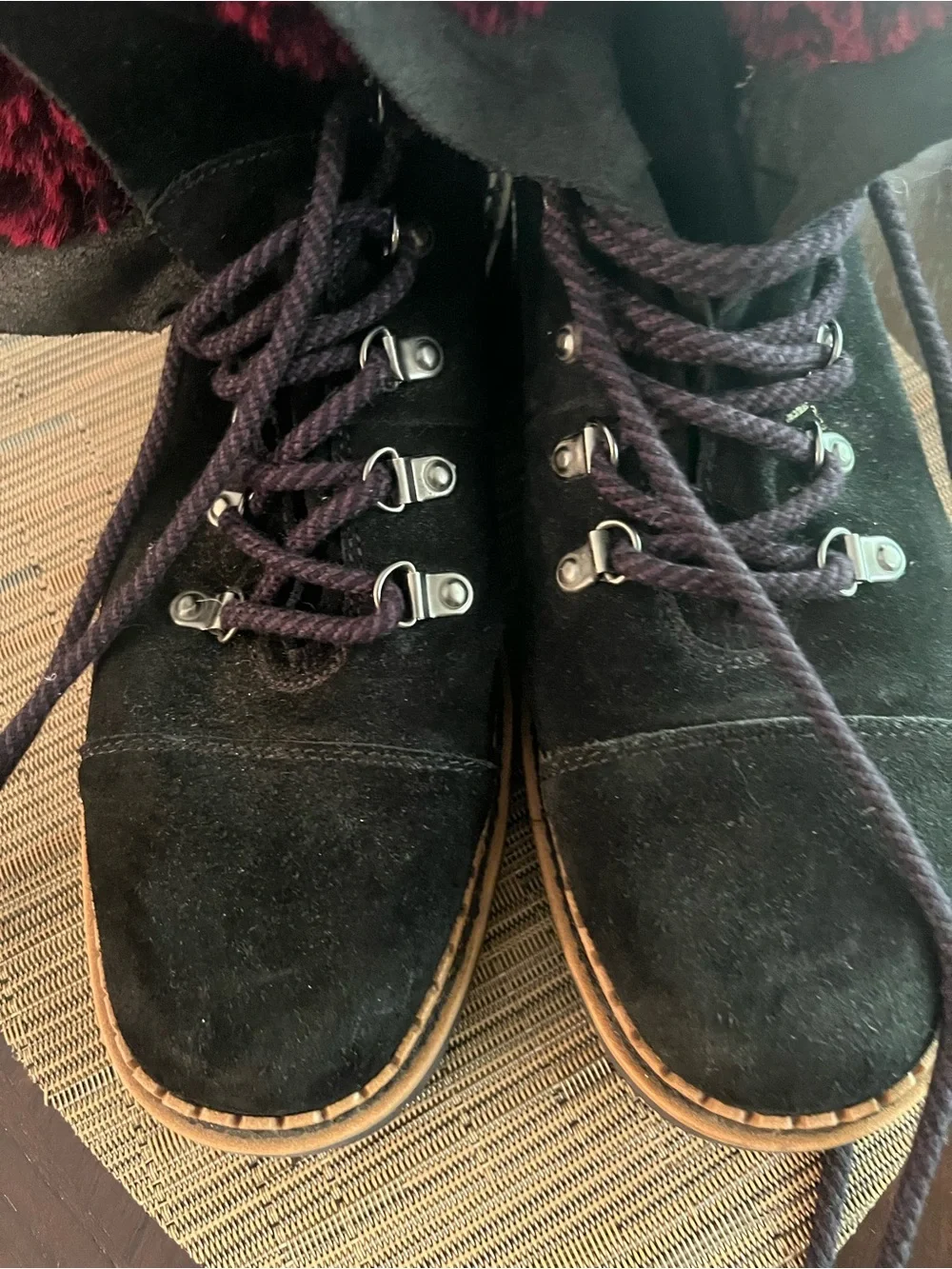 Sam Edelman Black Suede Winter Boots with Burgundy Faux Fur Trim 9.5
